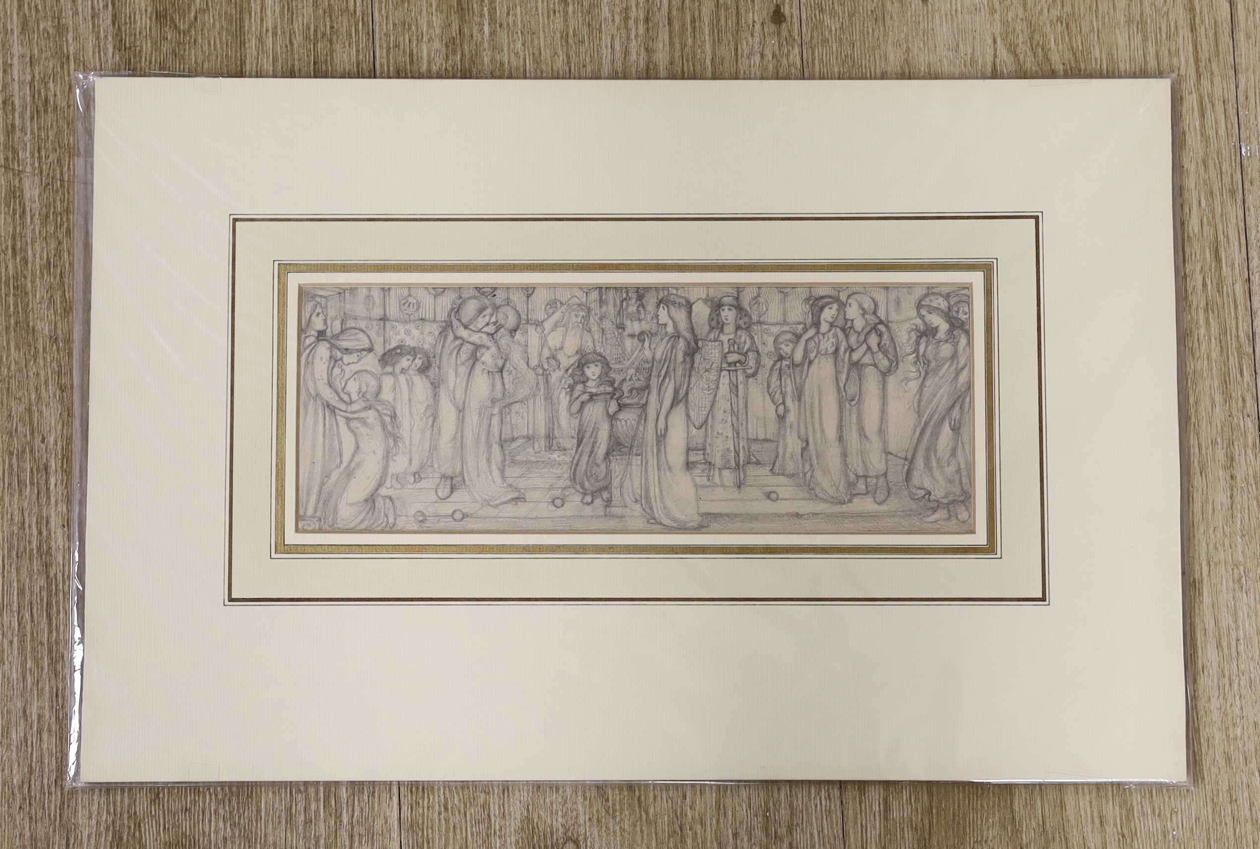 Louis B. Davis (Illustrator, 1861-1941), Pre-Raphaelite style pencil sketch, 'Festival', 10 x 27cm, mounted, unframed